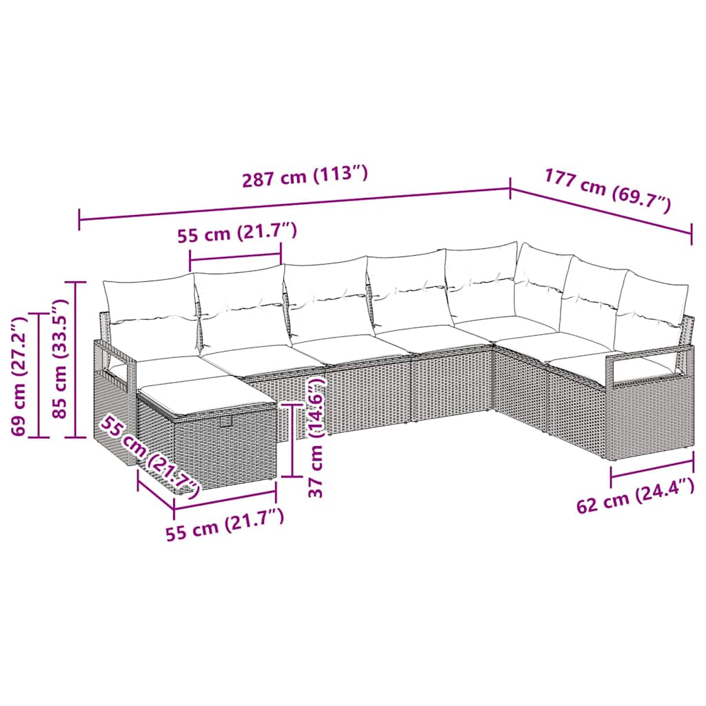 vidaXL Bankstel met kussen met opslag 8 pcs Zwart en Crème poly rattan