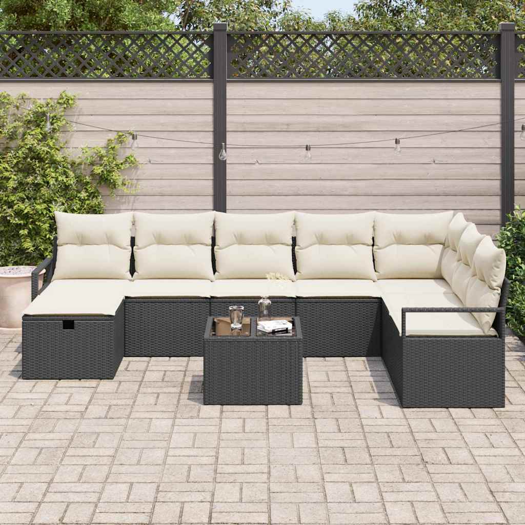 vidaXL Bankstel met kussen met opslag 8 pcs Zwart en Crème poly rattan