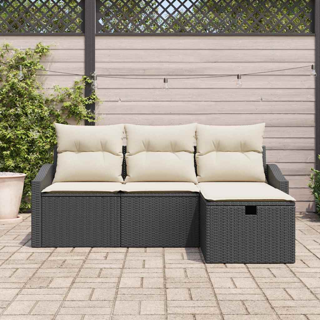 vidaXL Bankstel met kussen met opslag 4 pcs Zwart poly rattan