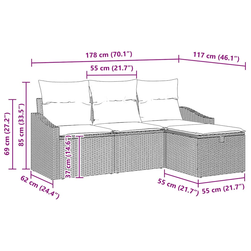 vidaXL Bankstel met kussen met opslag 4 pcs Zwart poly rattan