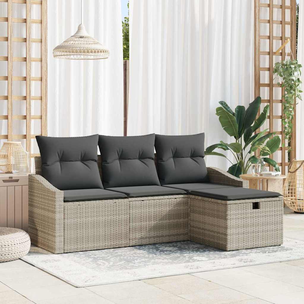 vidaXL Bankstel met kussen met opslag 4 pcs Zwart poly rattan