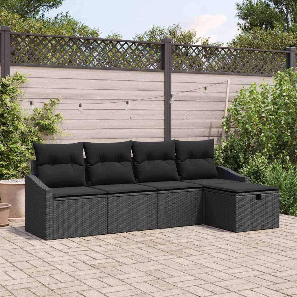 vidaXL Bankstel met kussen met opslag Zwart poly rattan