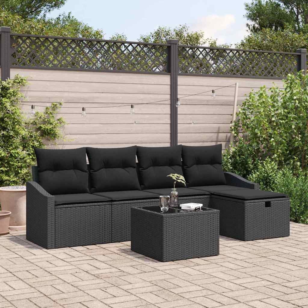 vidaXL Bankstel met kussen met opslag Zwart poly rattan