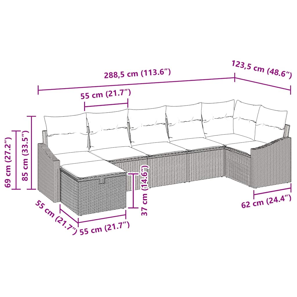 vidaXL Bankstel met kussen met opslag 7 pcs Zwart poly rattan