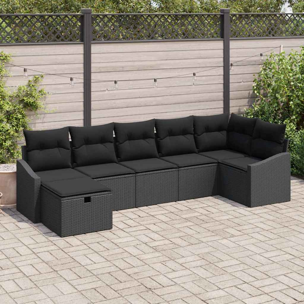 vidaXL Bankstel met kussen met opslag 7 pcs Zwart poly rattan