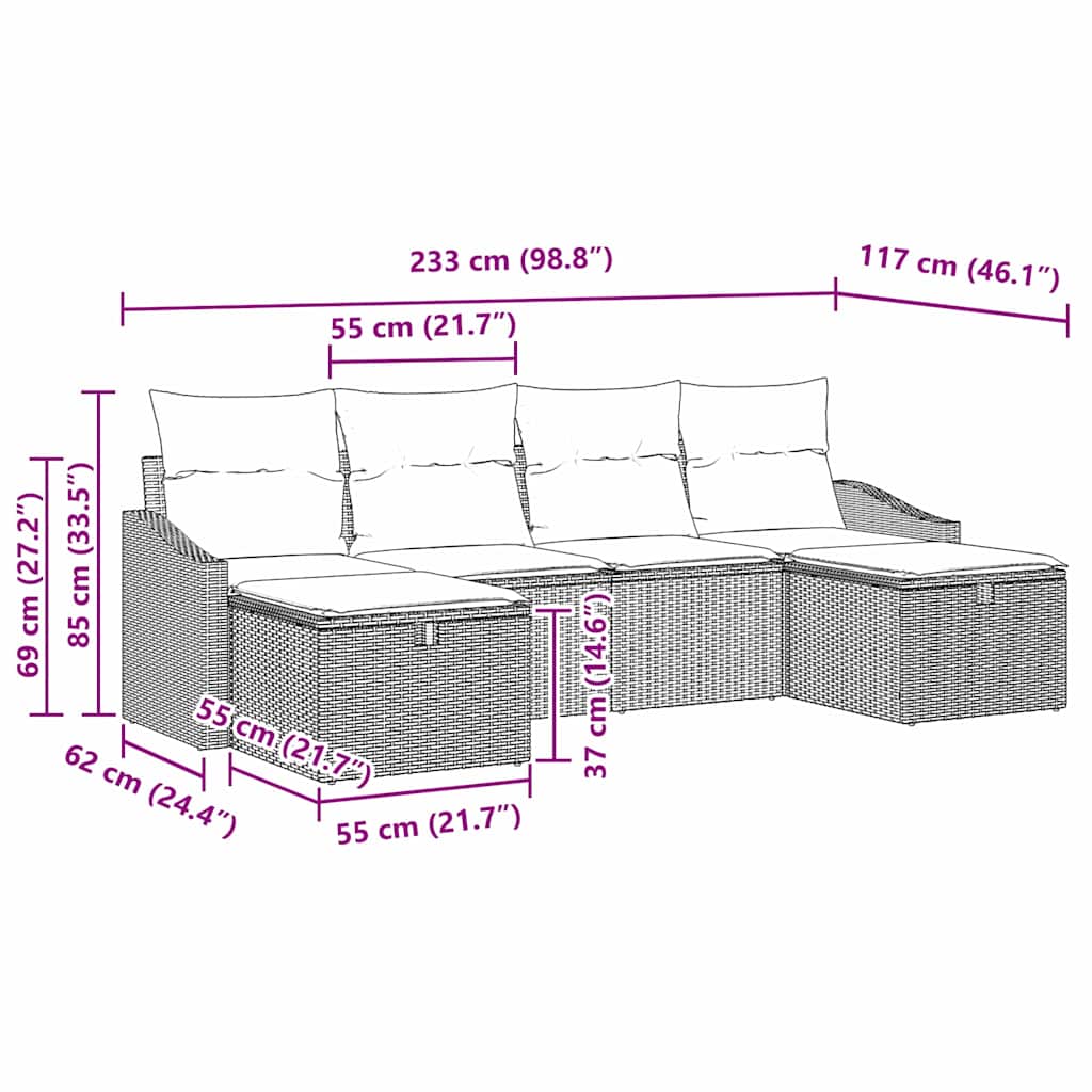 vidaXL Tuinbank Set met kussen 6 pcs Zwart Poly rattan