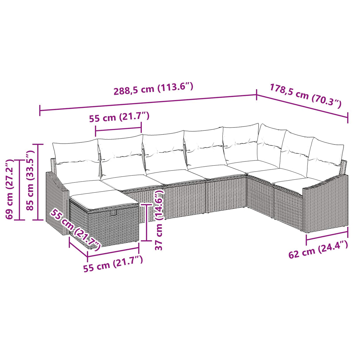 vidaXL Tuinbank Set met kussen 8 pcs Zwart Poly rattan
