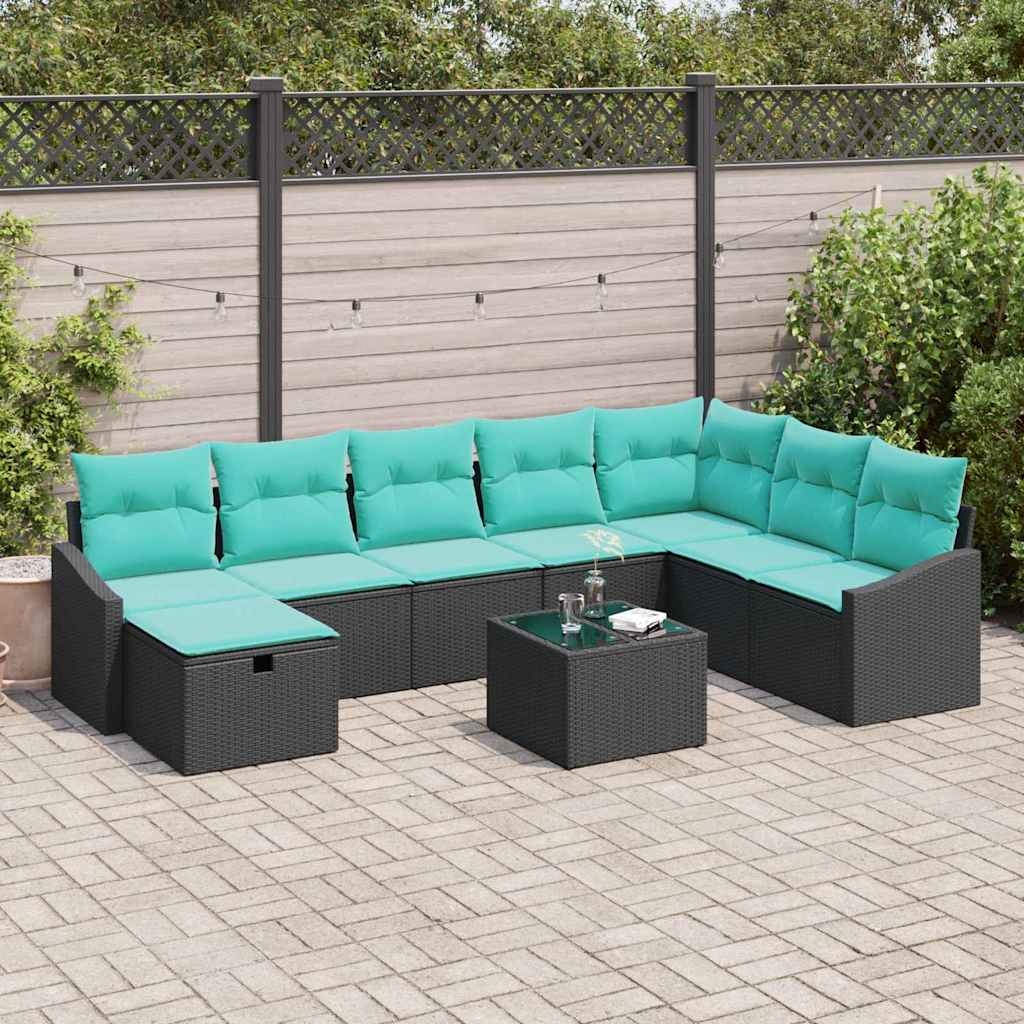 vidaXL Tuinbank Set met kussen 8 pcs Zwart Poly rattan