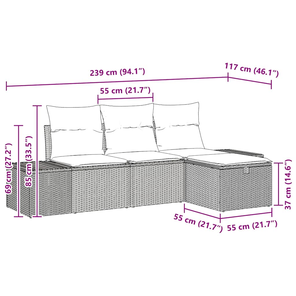 vidaXL Garden Bench Set with Cushion 4 pcs Black Poly Rattan