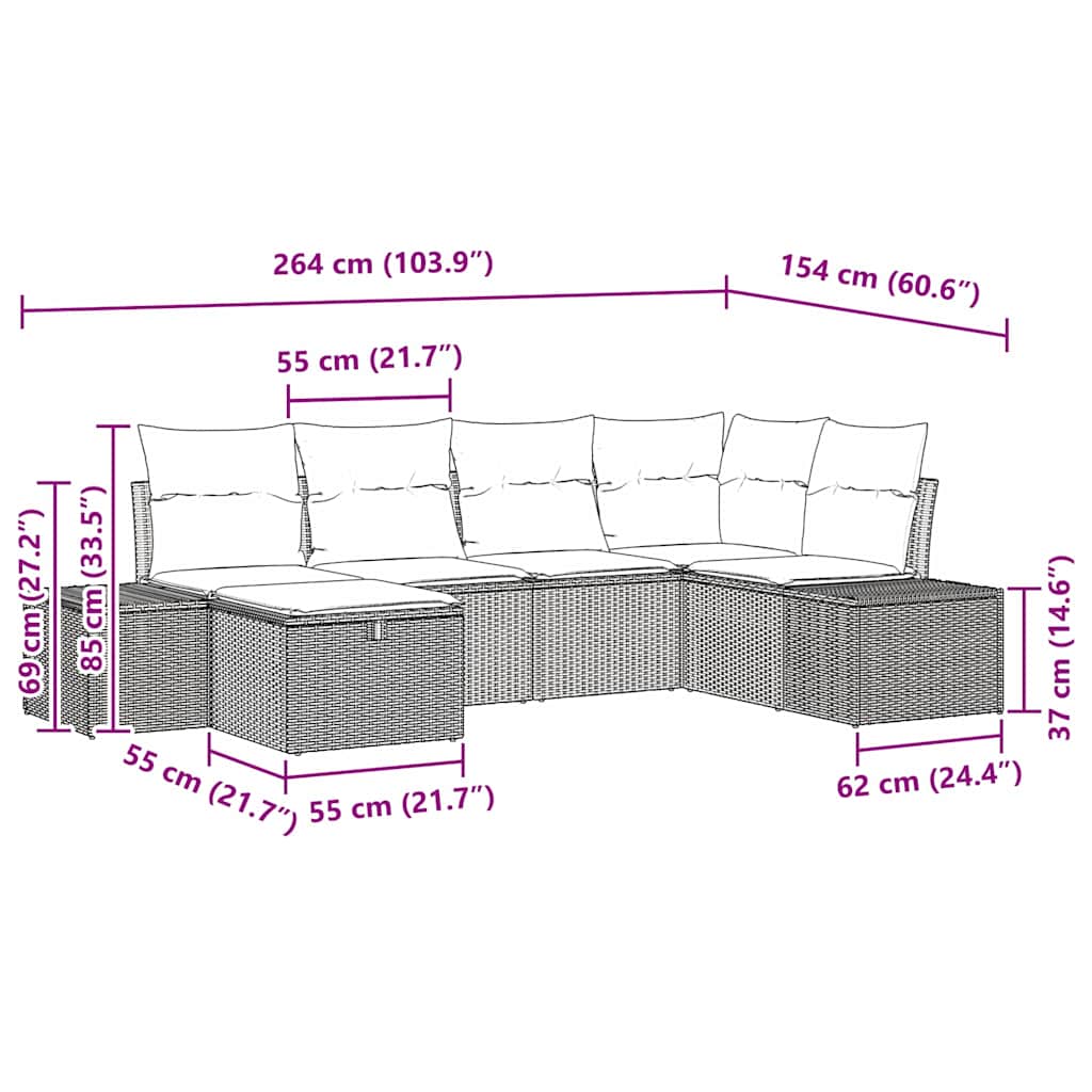 vidaXL Garden Sofa Set with cushions 6 pcs Black poly rattan