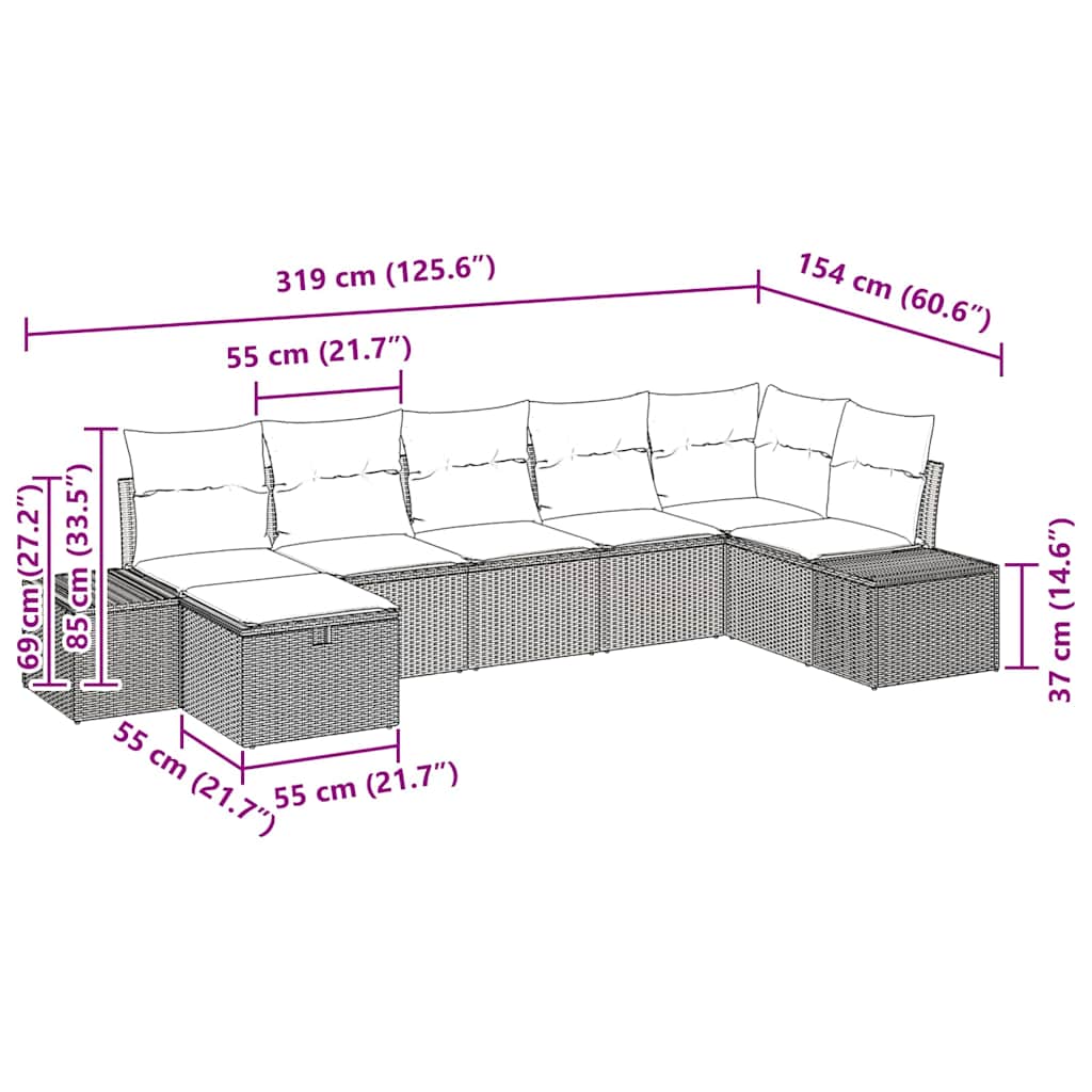 vidaXL Tuinbank Set met kussen 7 pcs Zwart poly rattan