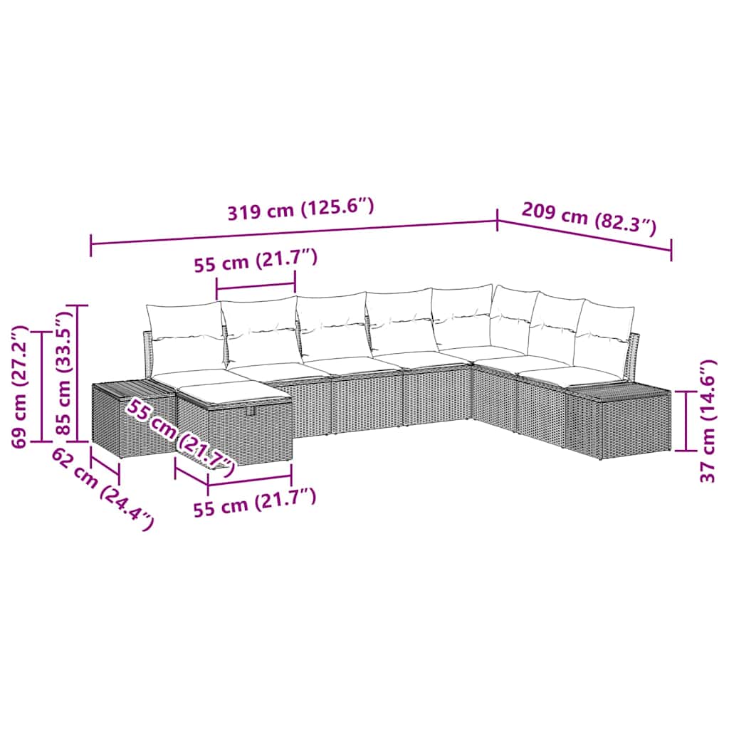 vidaXL Tuinbank Set met kussen 8 pcs Zwart poly rattan