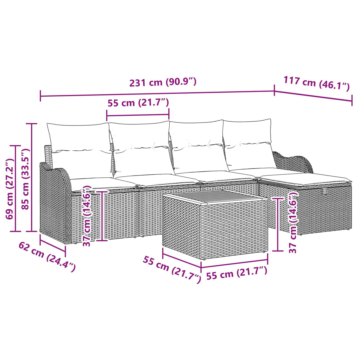 vidaXL Tuinbank Set 6 st Grijs poly rattan