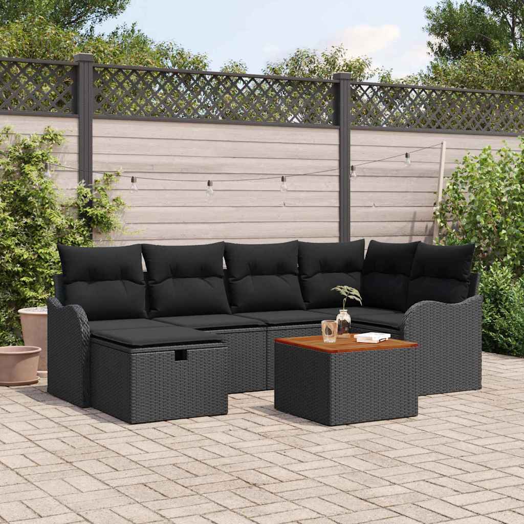 vidaXL Tuinbank Set met kussen met opslag 7 pcs Zwart poly rattan