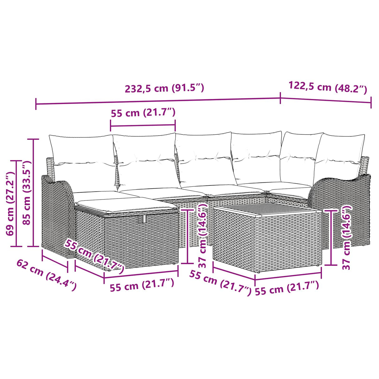 vidaXL Tuinbank Set 7 st Grijs poly rattan
