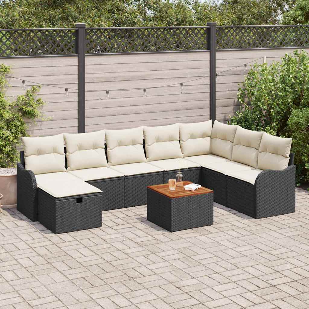 vidaXL Tuinbank Set met kussen met opslag 9 pcs Zwart poly rattan