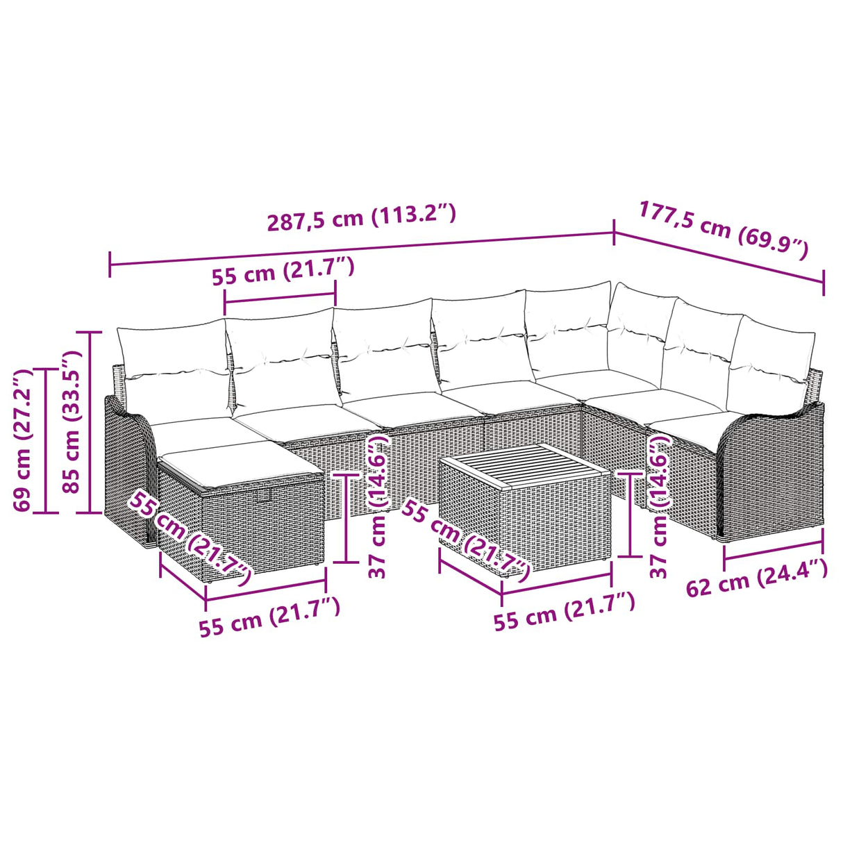 vidaXL Garden Lounge Set 9 pcs Grey poly rattan