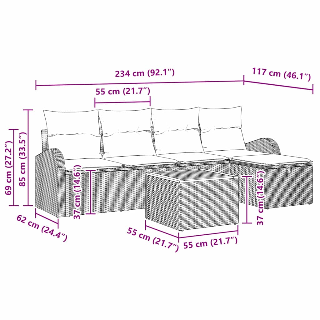 vidaXL Tuinbank Set met kussen met opslag 6 pcs Zwart poly rattan