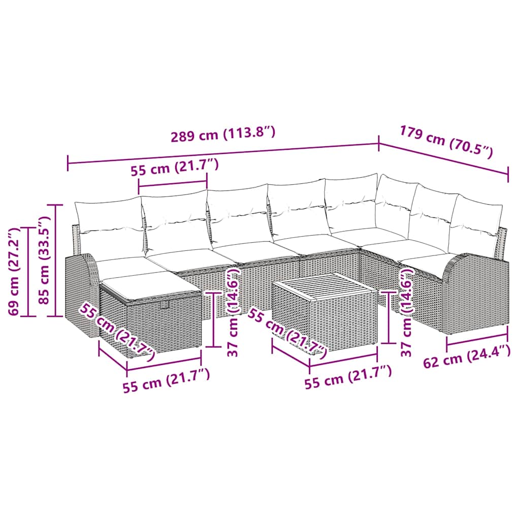 vidaXL Tuinbank Set met kussen met opslag 9 pcs Zwart poly rattan