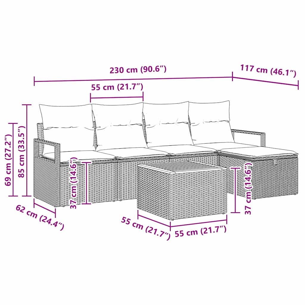 vidaXL Tuinbank Set met kussen met opslag 6 pcs Zwart poly rattan