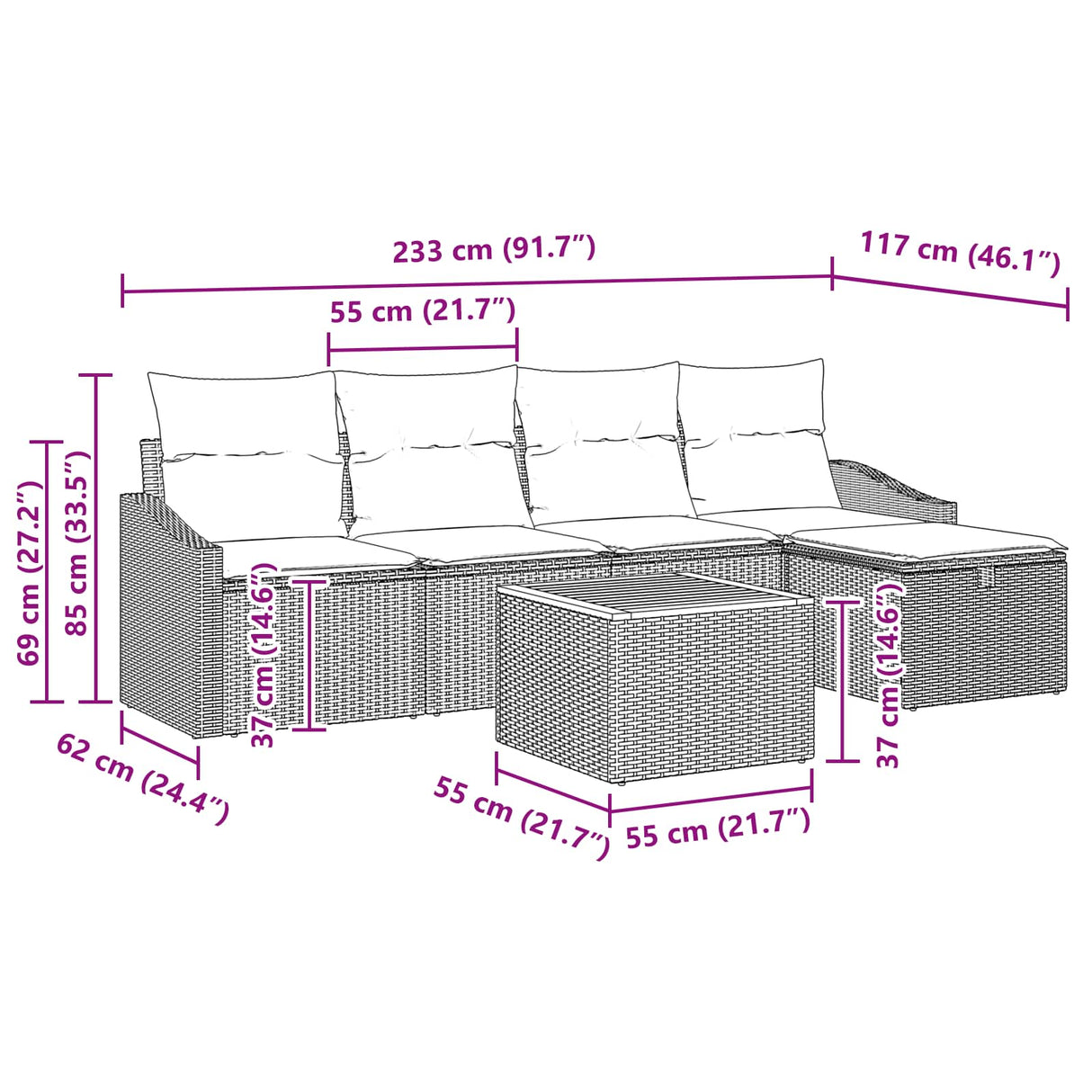vidaXL Tuinbank Set met kussen met opslag 6 pcs Zwart poly rattan