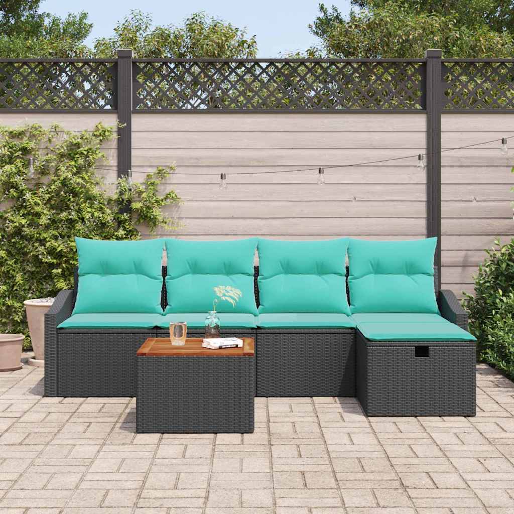 vidaXL Tuinbank Set met kussen met opslag 6 pcs Zwart poly rattan