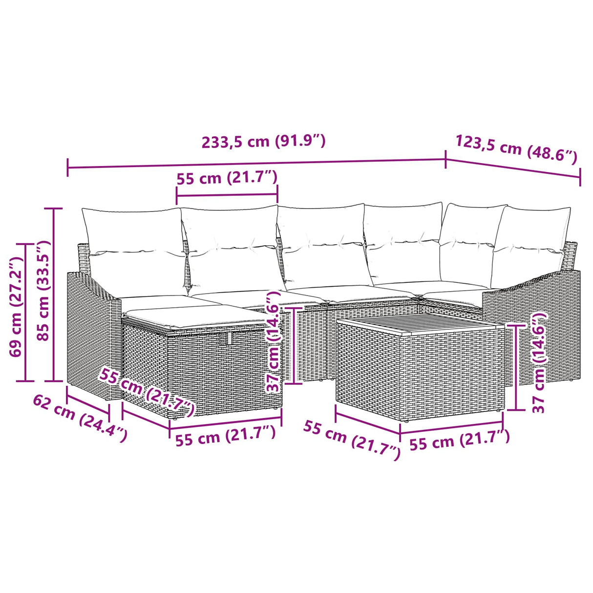 vidaXL Tuinbank Set met kussen met opslag 7 pcs Zwart poly rattan