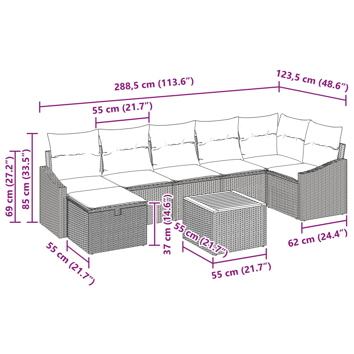 vidaXL Tuinbank Set met kussen met opslag 8 pcs Zwart poly rattan