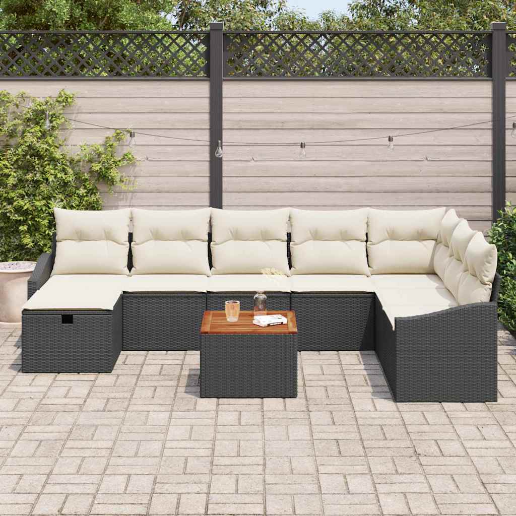 vidaXL Tuinbank Set met kussen met opslag 9 pcs Zwart poly rattan