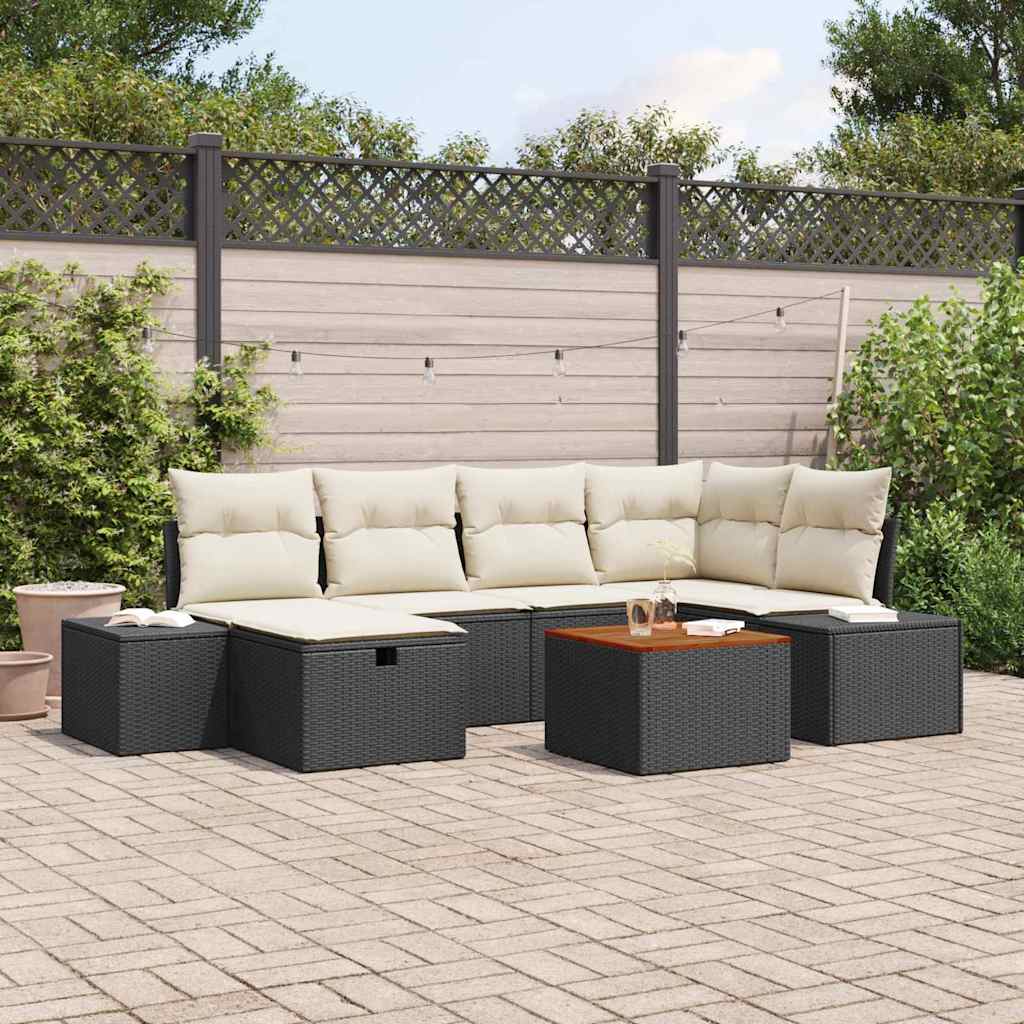 vidaXL Tuinbank Set met kussen met opslag 7 pcs Zwart poly rattan