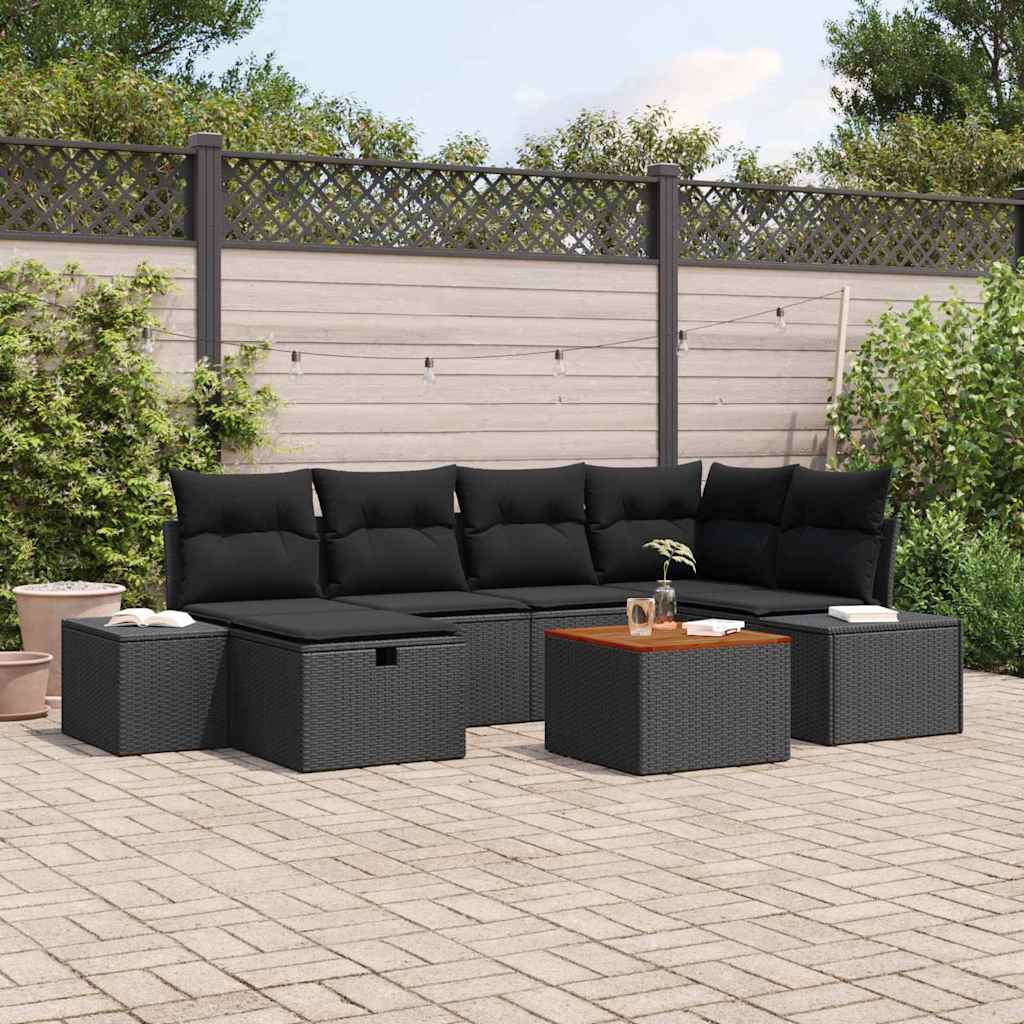 vidaXL Tuinbank Set met kussen met opslag 7 pcs Zwart poly rattan
