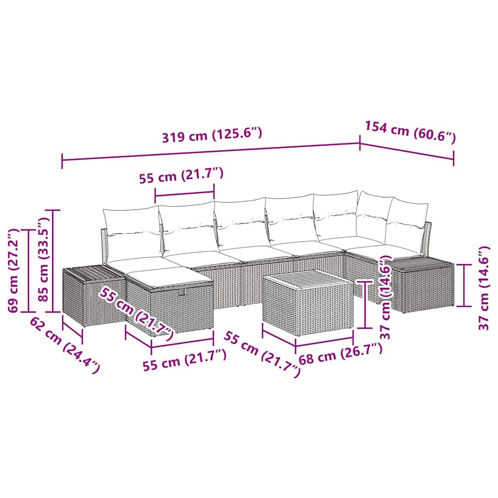 vidaXL Tuinbank Set met kussen met opslag 8 pcs Zwart poly rattan