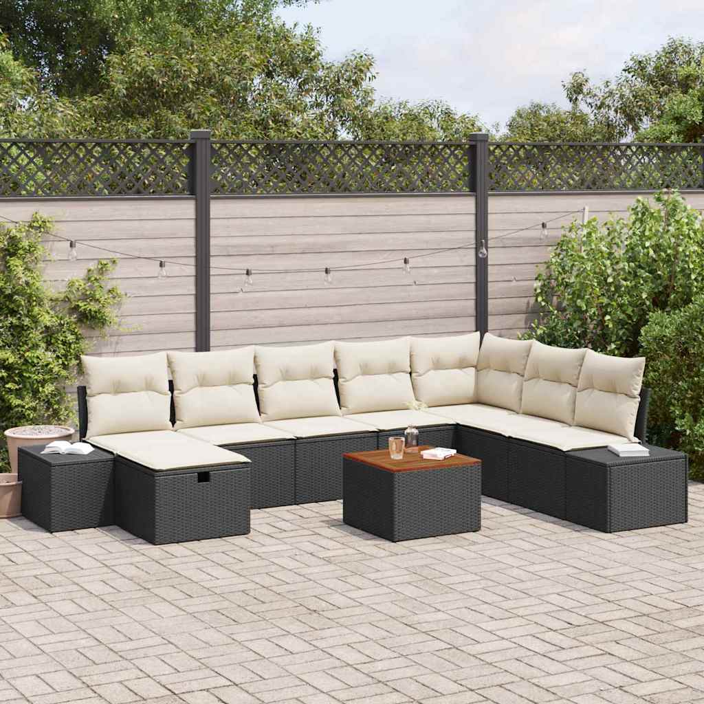 vidaXL Tuinbank Set met kussen met opslag 9 pcs Zwart poly rattan
