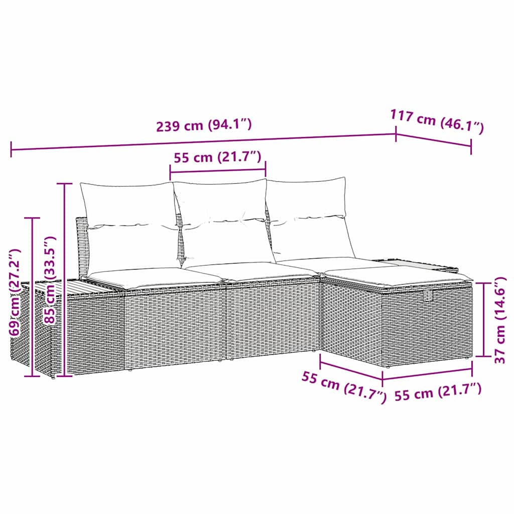 vidaXL Tuinbank Set met kussen 4 pcs Zwart Poly rattan