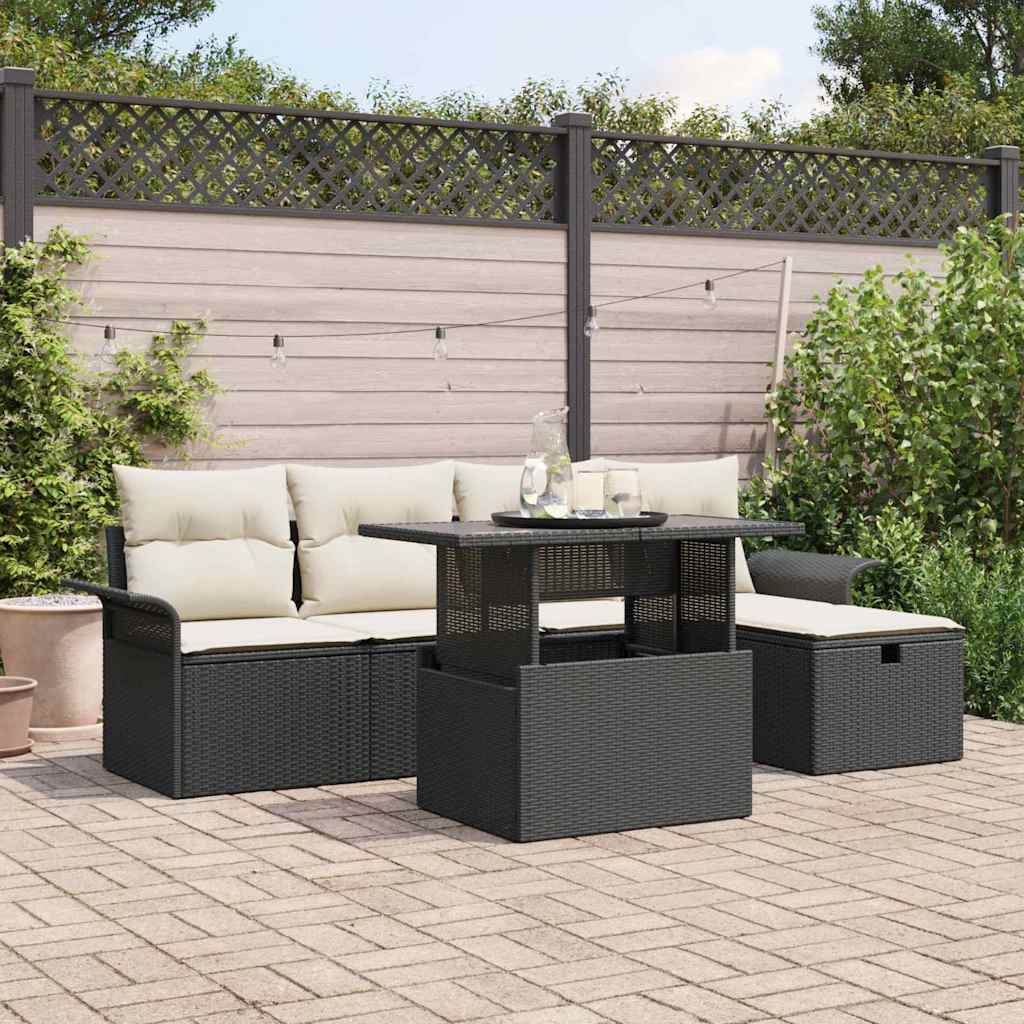 vidaXL Tuinbank Set met kussen met opslag 6 pcs Zwart Poly rattan
