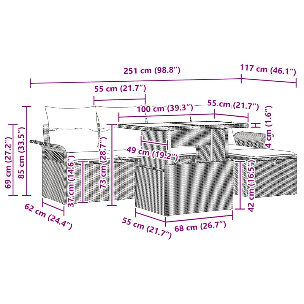 vidaXL Tuinbank Set met kussen met opslag 6 pcs Zwart Poly rattan