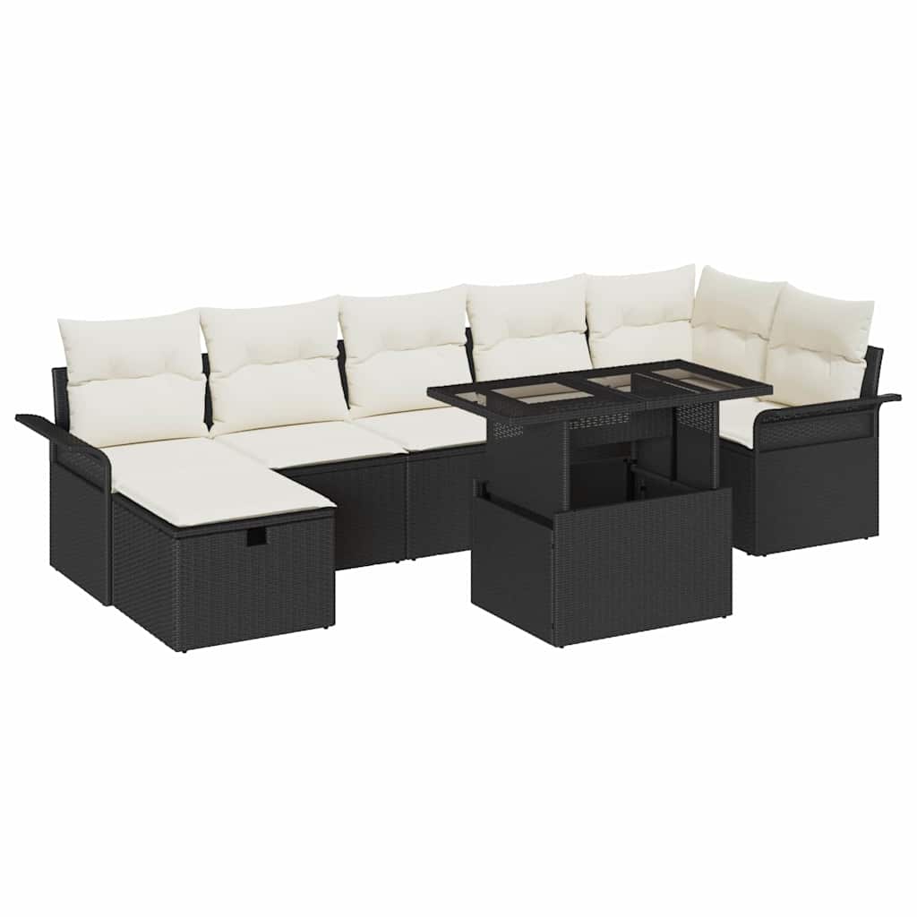 vidaXL Tuinbank Set met kussen met opslag 8 pcs Zwart Poly rattan