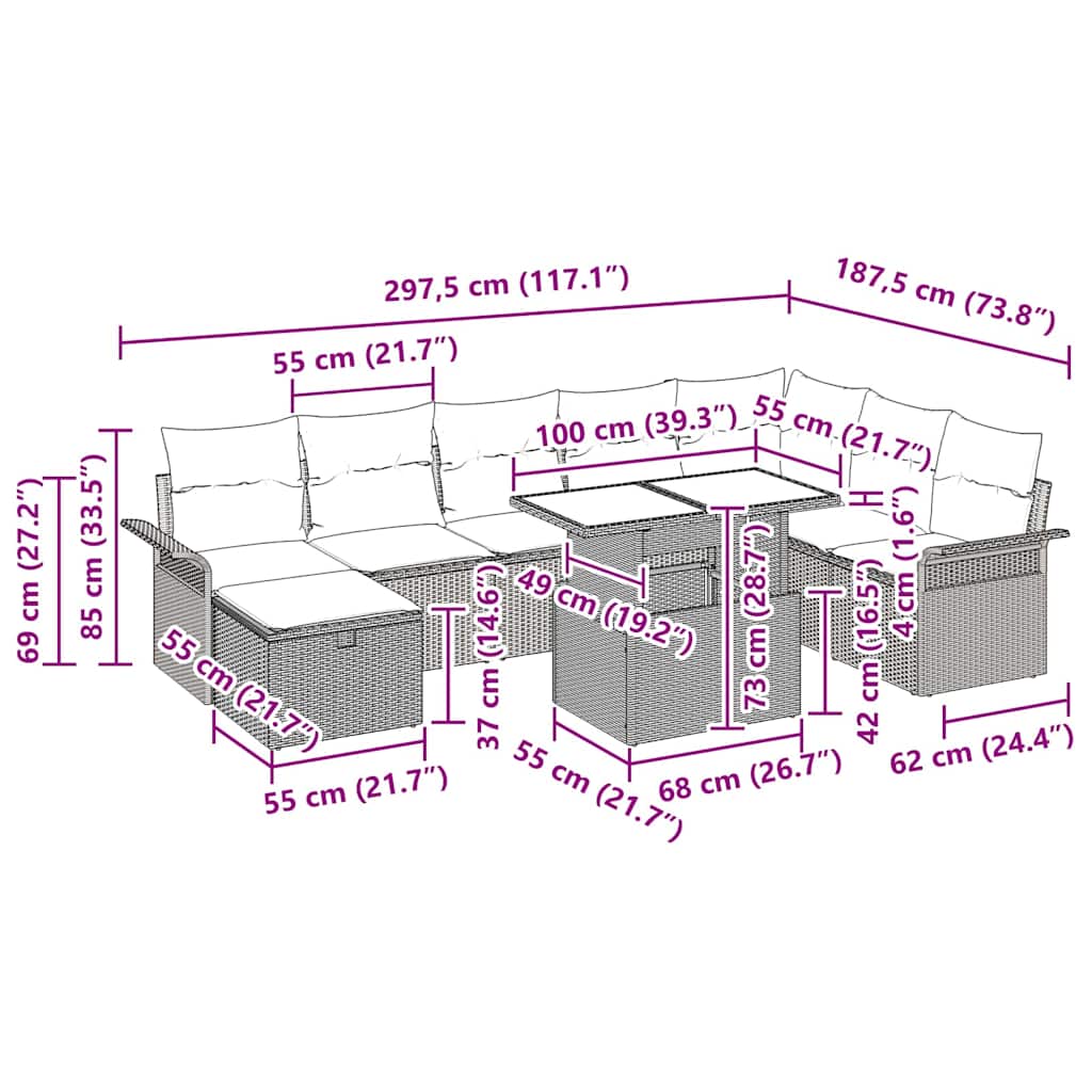 vidaXL Tuinbank Set met kussen met opslag 9 pcs Zwart Poly rattan