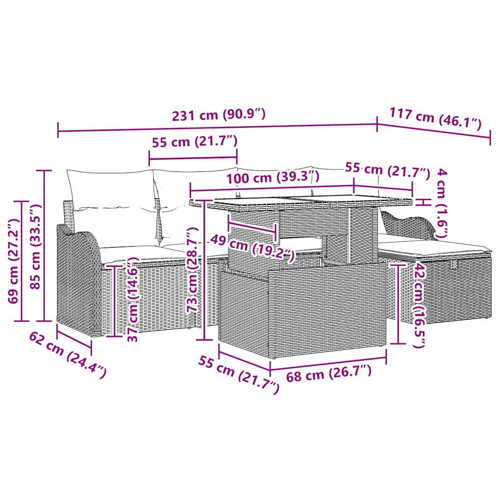 vidaXL Tuinbank Set met kussen met opslag 6 pcs Zwart Poly rattan