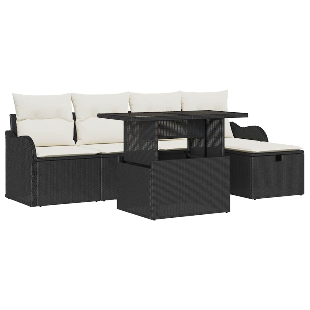 vidaXL Tuinbank Set met kussen met opslag 6 pcs Zwart Poly rattan