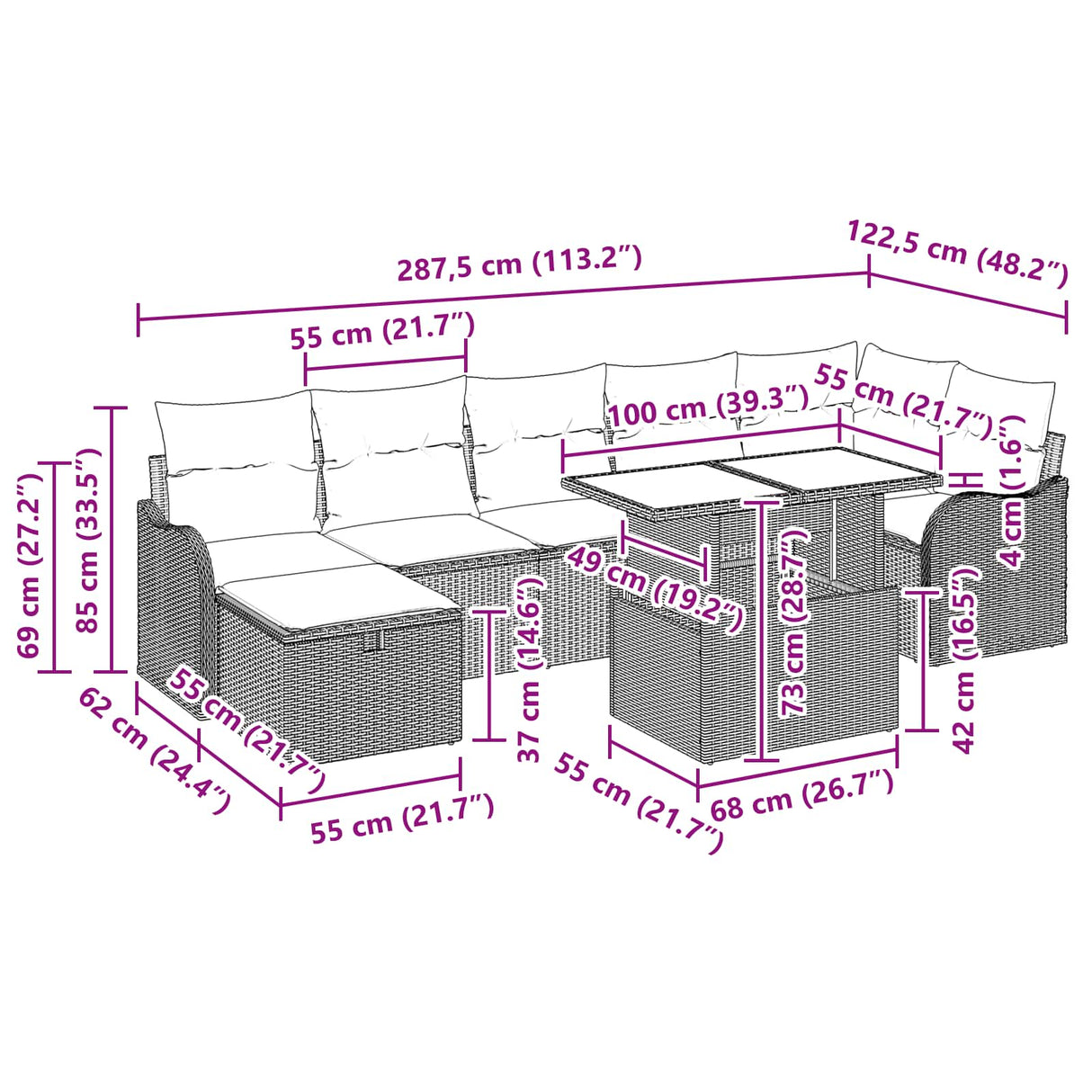 vidaXL Tuinbank Set met kussen met opslag 8 pcs Bruin Poly rattan