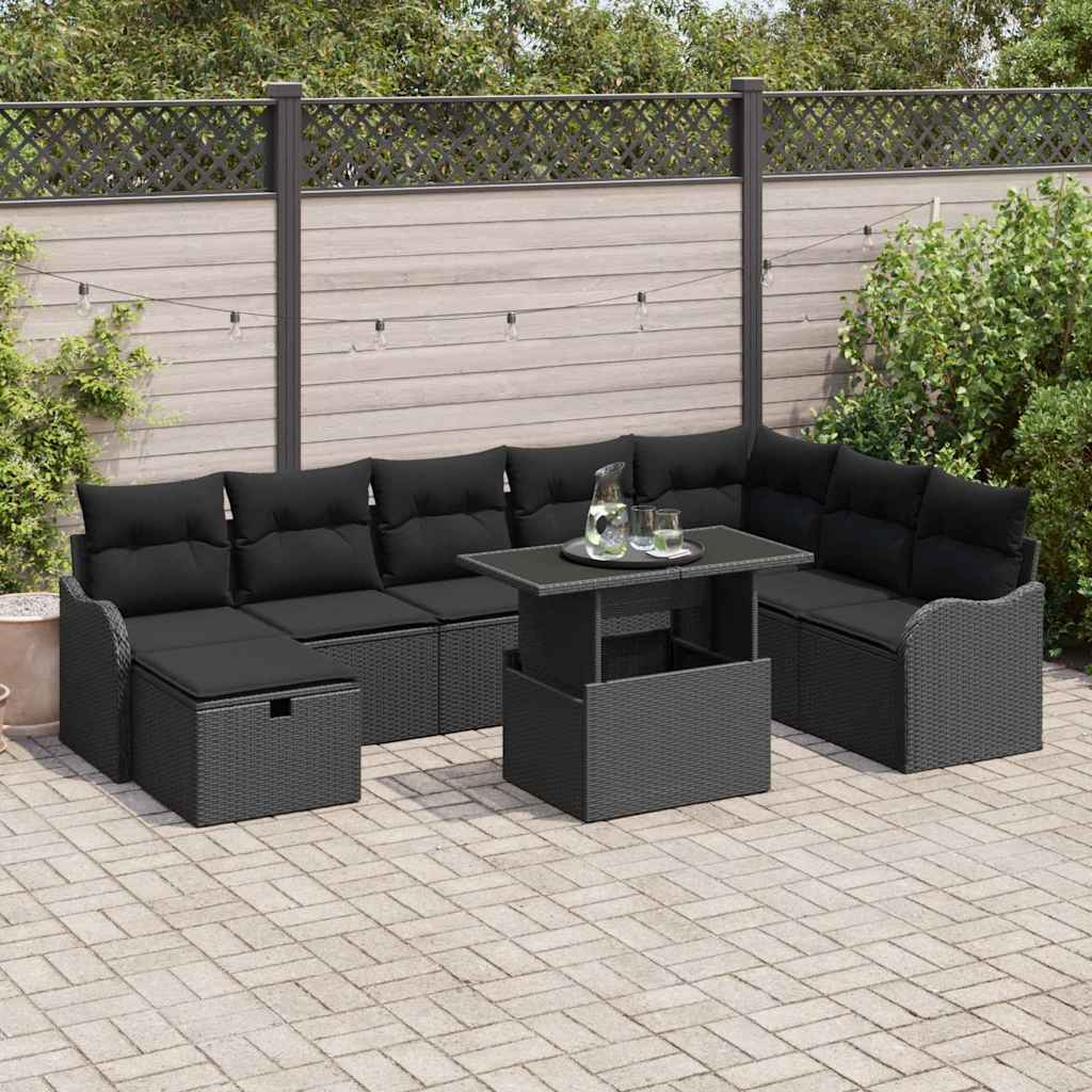 vidaXL Tuinbank Set met kussen met opslag 9 pcs Zwart Poly rattan