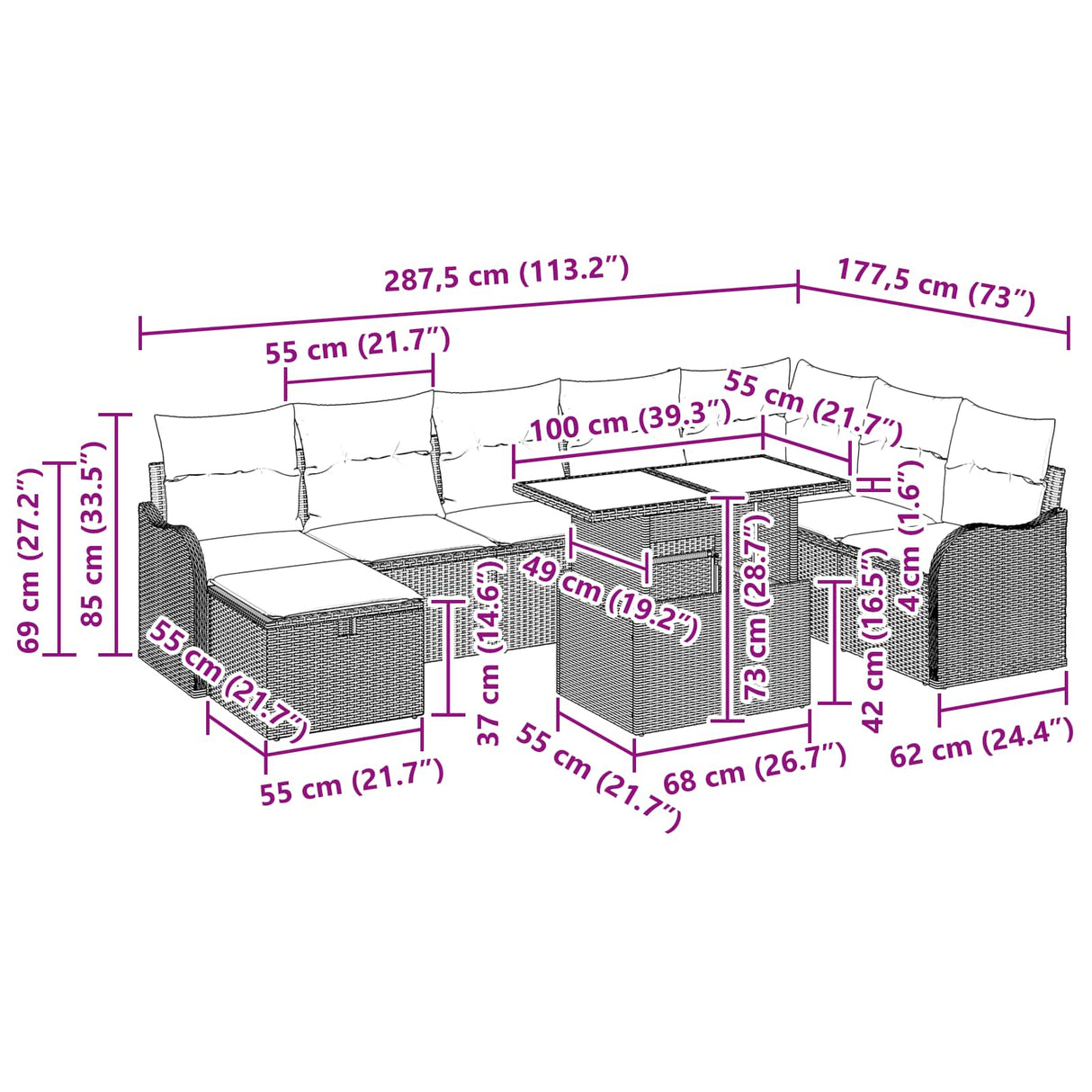 vidaXL Tuinbank Set met kussen met opslag 9 pcs Bruin Poly rattan