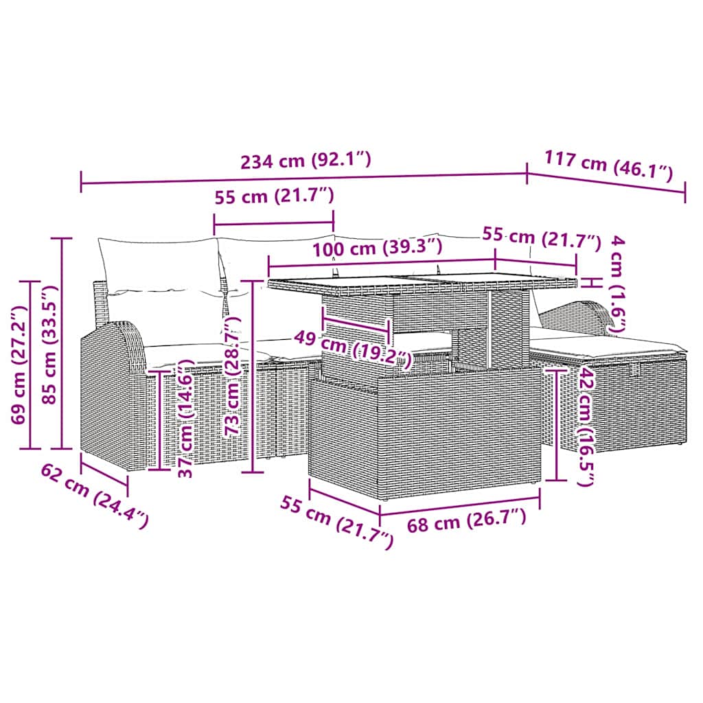 vidaXL Tuinbank Set met kussen met opslag 6 pcs Zwart Poly rattan