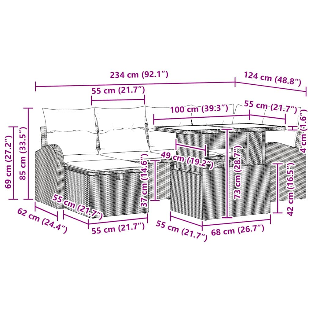 vidaXL Tuinbank Set met kussen met opslag 7 pcs Zwart Poly rattan