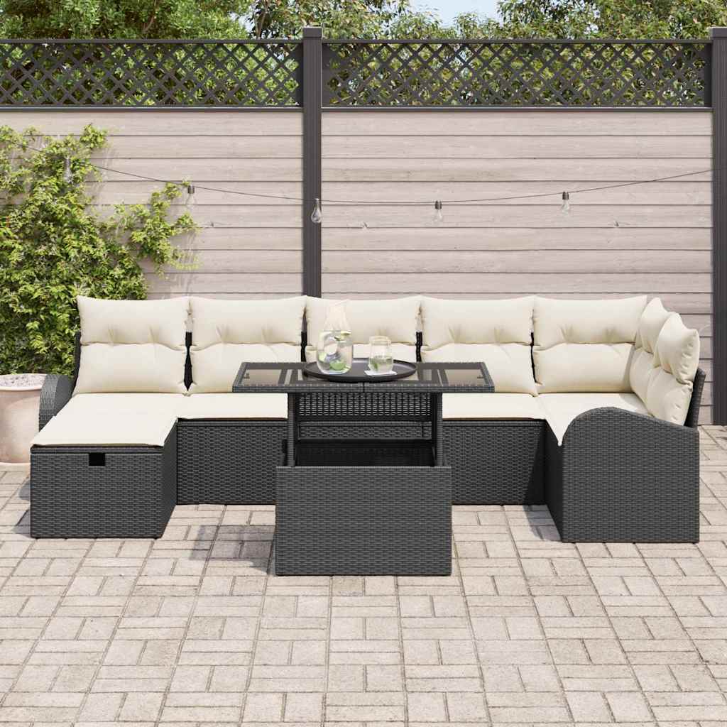 vidaXL Tuinbank Set met kussen met opslag 8 pcs Zwart Poly rattan