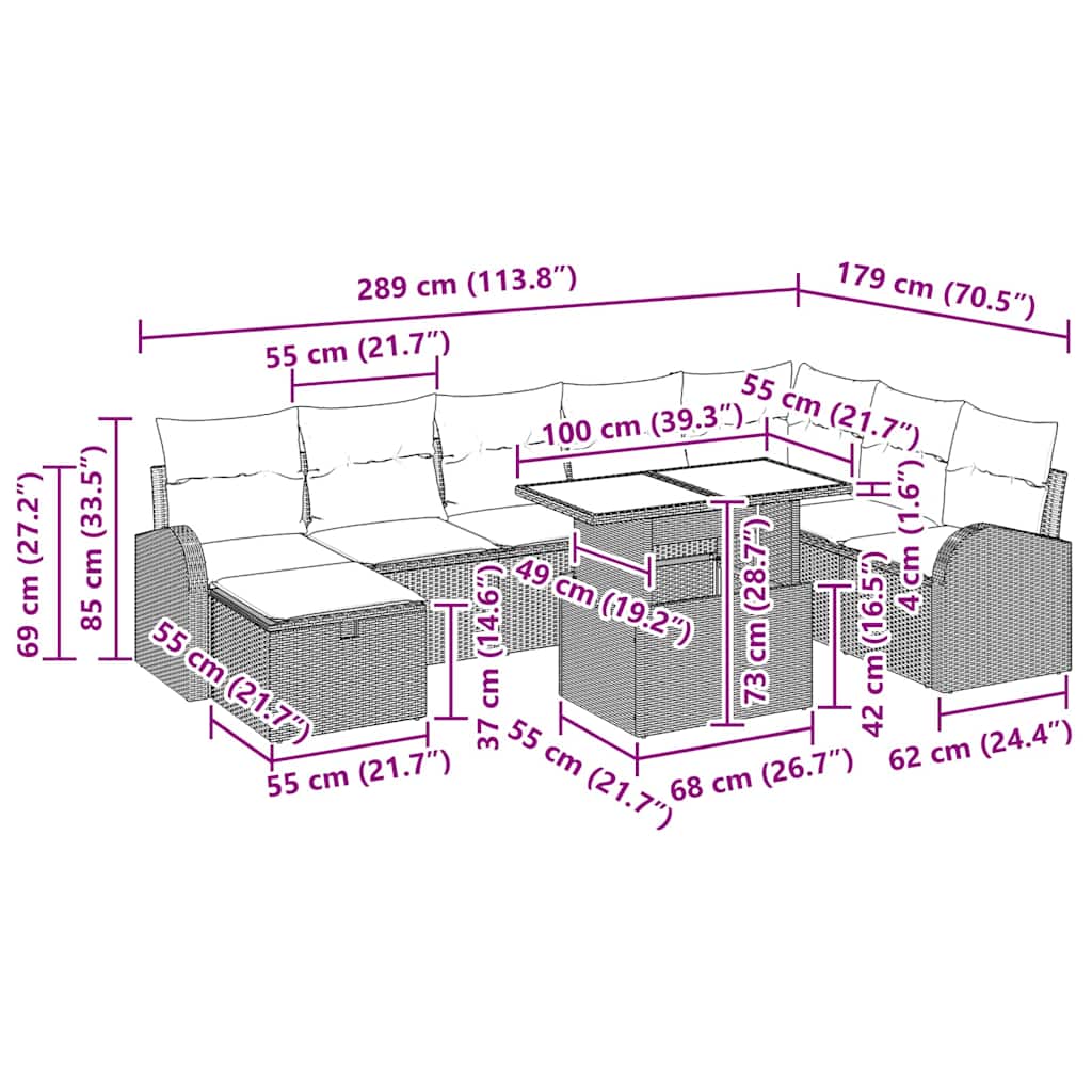 vidaXL Tuinbank Set met kussen met opslag 9 pcs Zwart Poly rattan