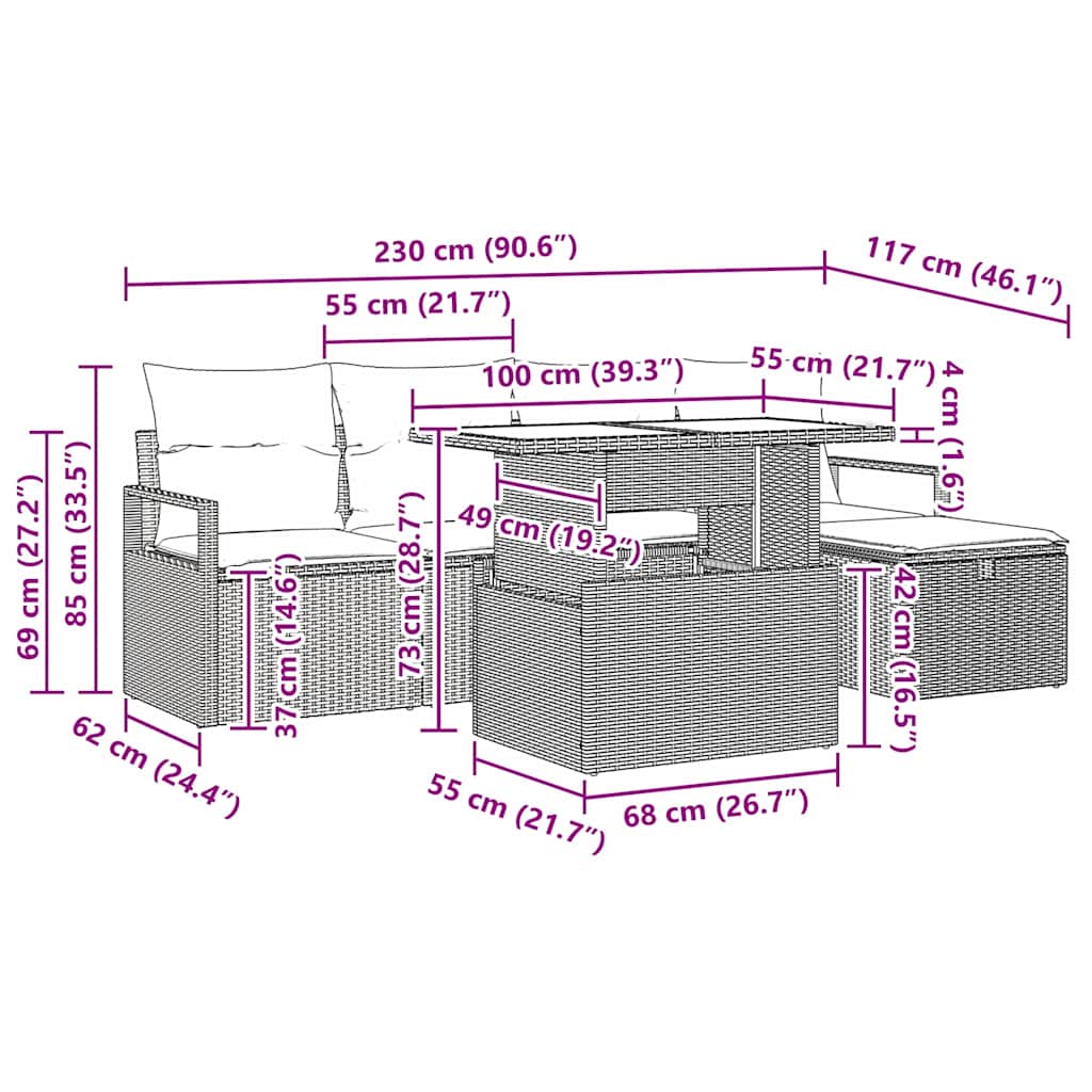 vidaXL Tuinbank Set met kussen met opslag 6 pcs Zwart Poly rattan