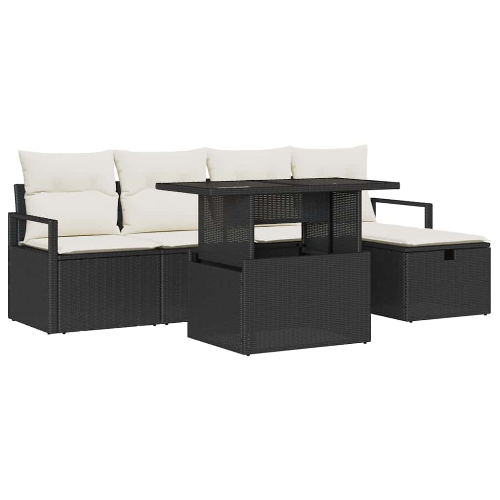 vidaXL Tuinbank Set met kussen met opslag 6 pcs Zwart Poly rattan