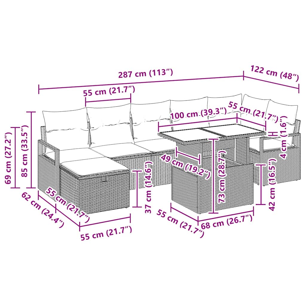 vidaXL Tuinbank Set met kussen met opslag 8 pcs Zwart Poly rattan